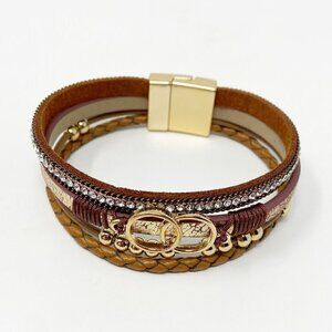 BTYSUN | Brown Leather Gold Tone Beaded Wrap Bracelet Magnetic Closure